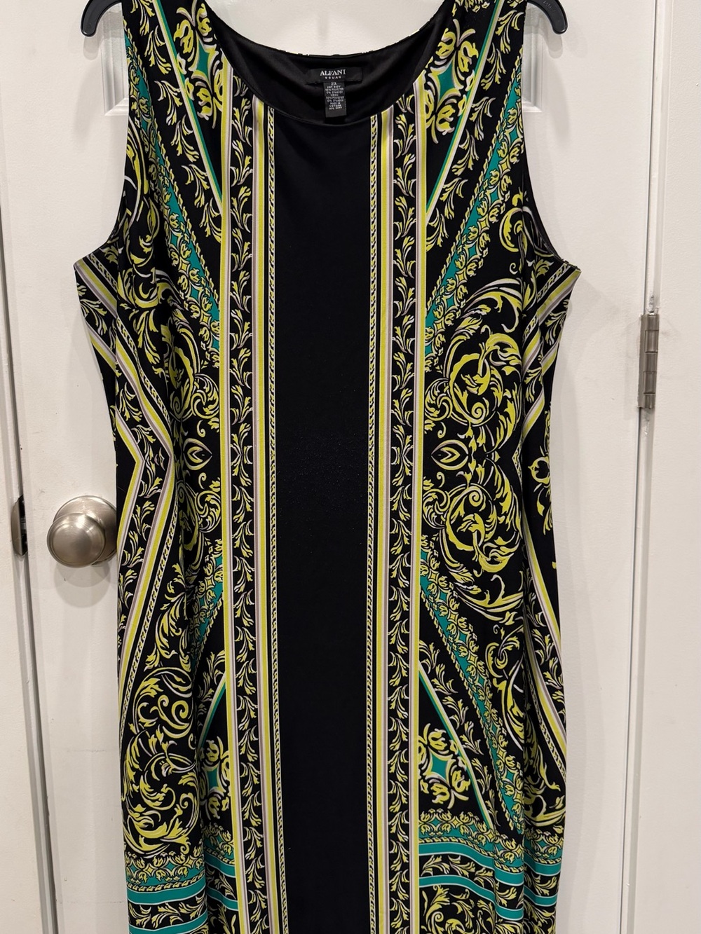 Alfani Black Sheath Dress with Yellow and Teal Stripe Accents